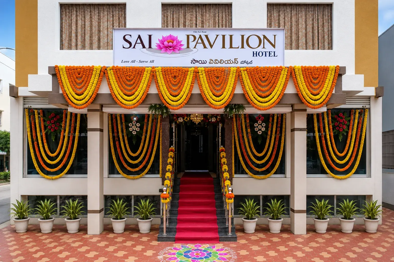 Sai Pavilion Hotel exterior decorated with flower garlands